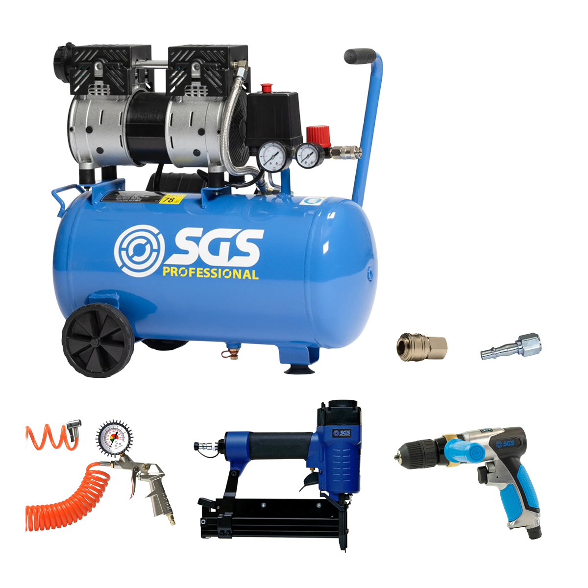 SGS 24 Litre Pro Silent Air Compressor With Brad Nailer, Drill & Tyre Inflator Kit – 4.5CFM 1HP 24L